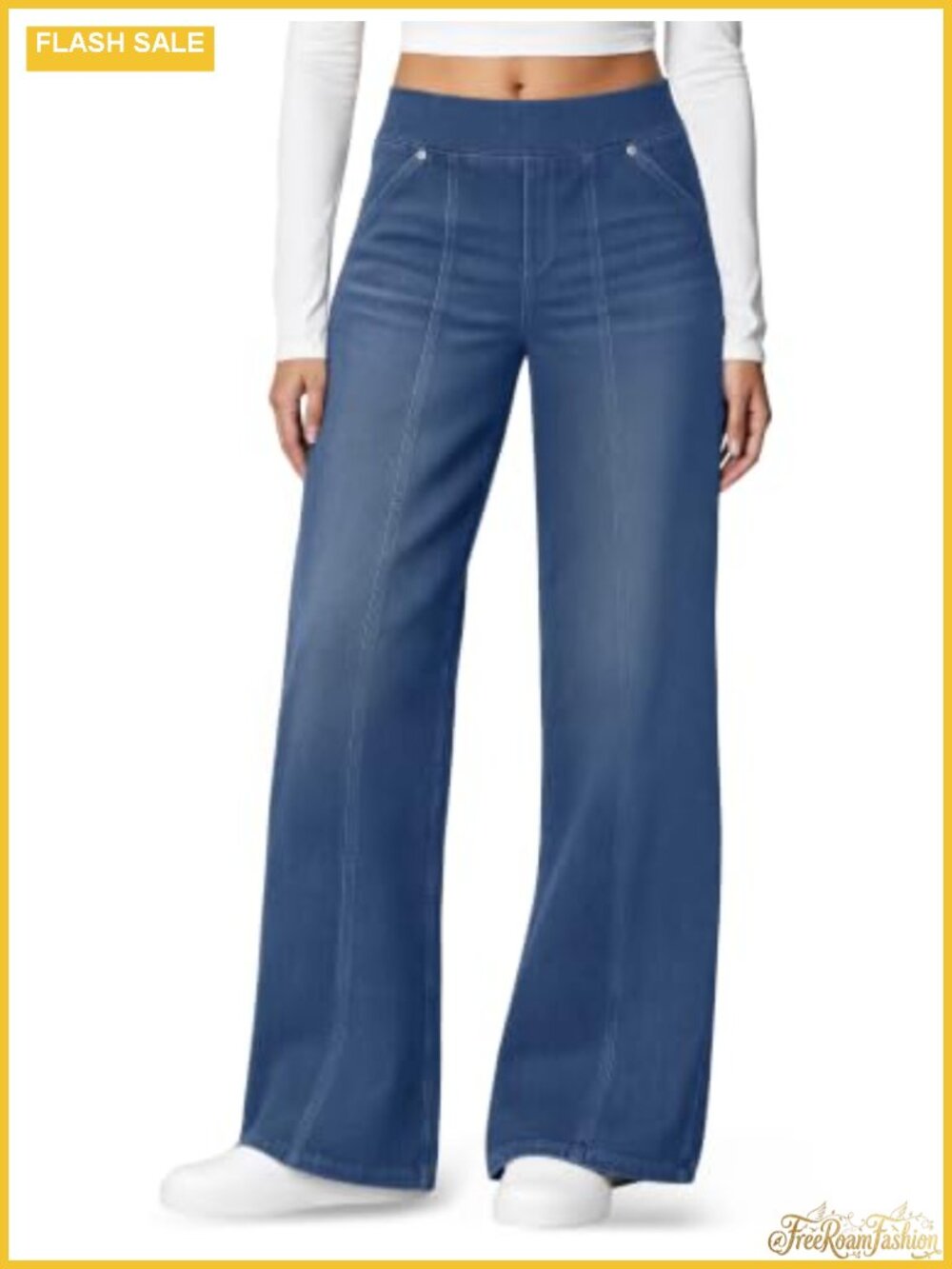 High Waisted Wide Leg Stretchy Denim Jeans Pull On Tummy Control